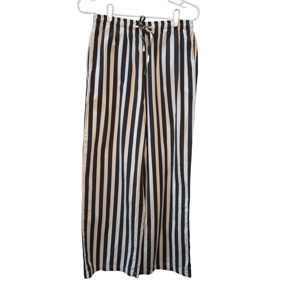 PrettyGarden Womens Black White Striped Wide Leg Cotton Pants Drawstring Size M